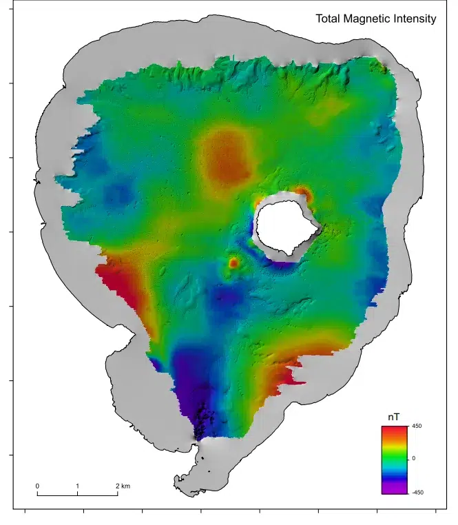 Imagem mostrando a grande anomalia magnética na parte sul do lago. (Crédito da imagem: Instituto de Ciências Geológicas e Nucleares Limited (GNS Science).)