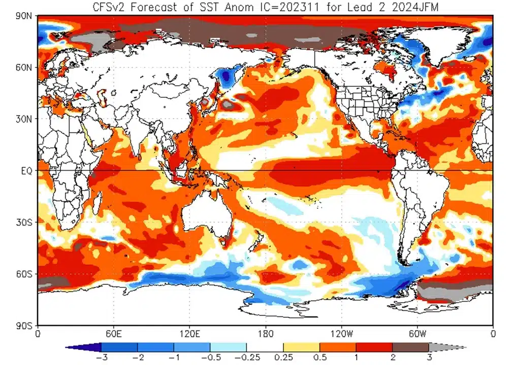 Anomalia da temperatura da superfície do mar prevista a partir do modelo CFS para o próximo trimestre de janeiro, fevereiro e março de 2024. Fonte: CPC/NOAA.