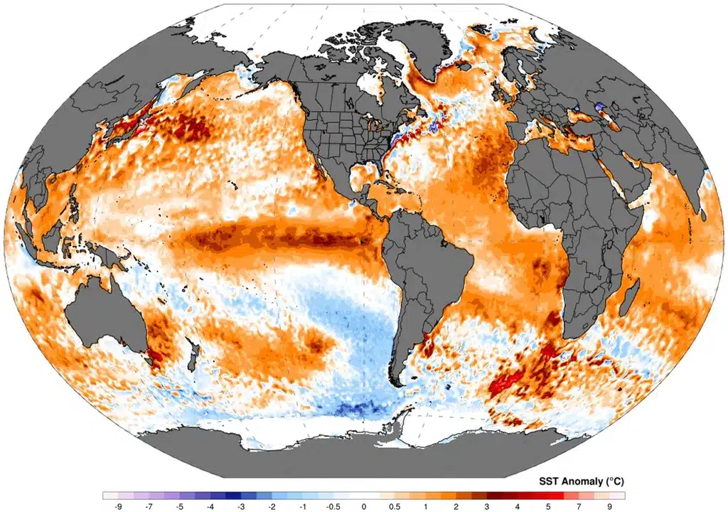 Mapa das anomalias da temperatura da superfície do mar para 17 de dezembro de 2023. Fonte: Climate Reanalyzer.