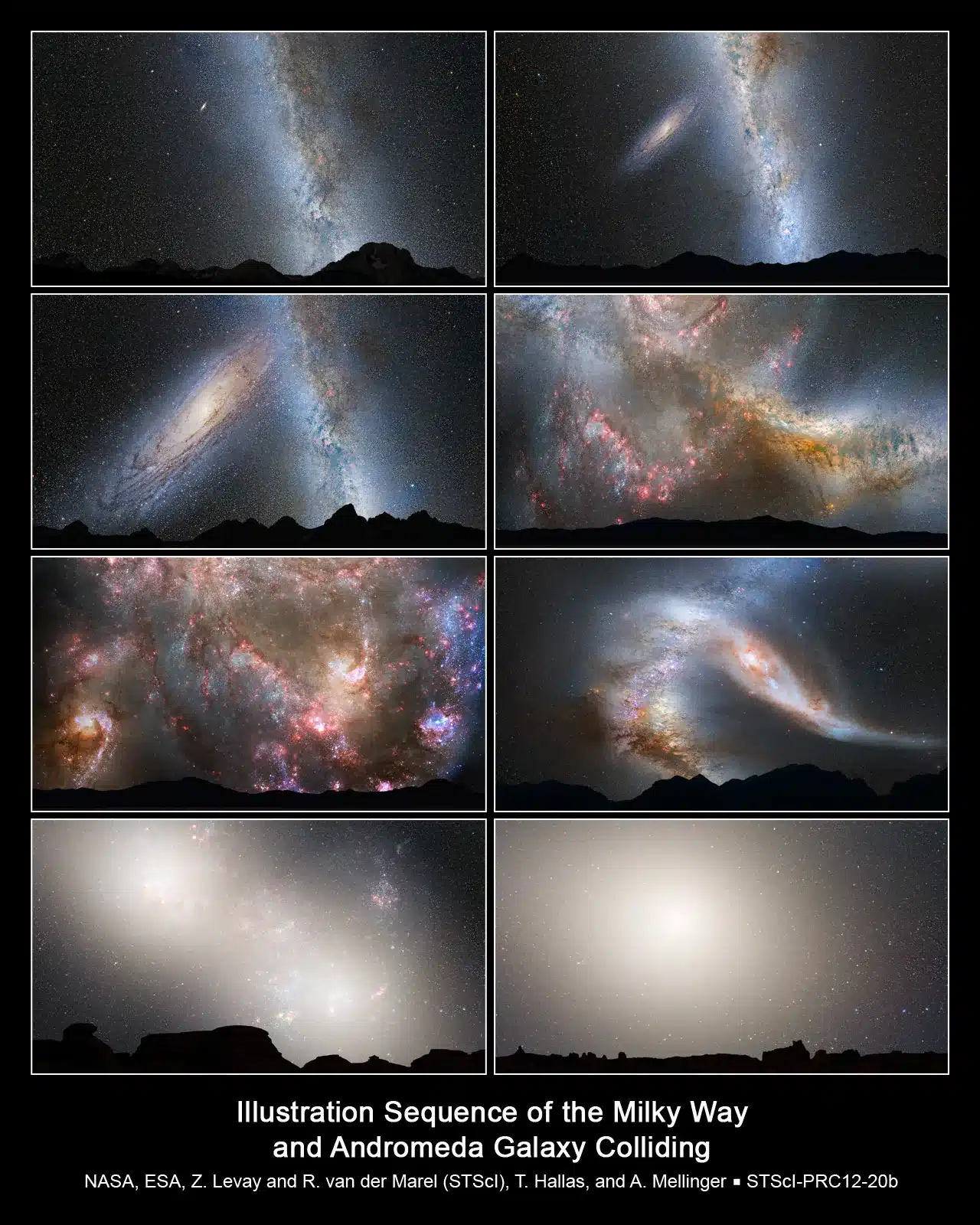 Esta série de ilustrações fotográficas mostra a fusão prevista entre a nossa galáxia, a Via Láctea, e a vizinha galáxia de Andrômeda.