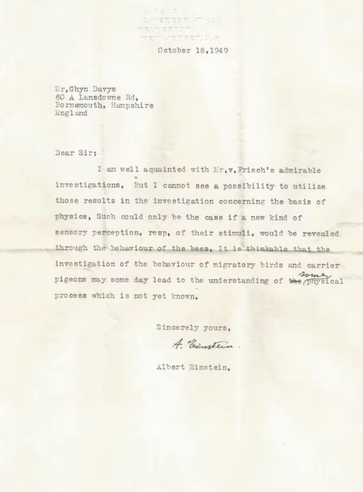Carta escrita por Albert Einstein em 1949. Dyer, A. et al. 2021.