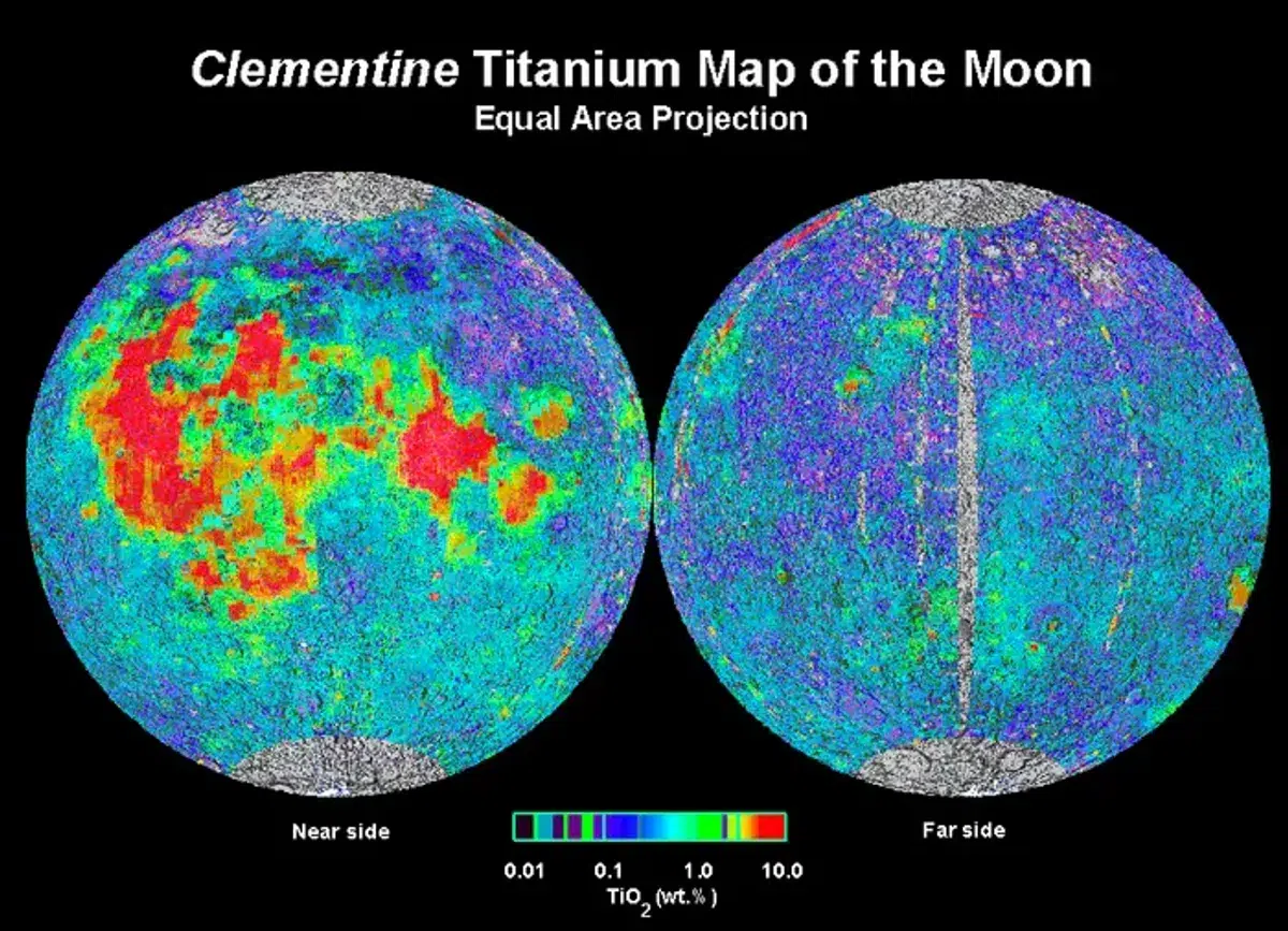 A missão Clementine à Lua revelou quão difundidos são os basaltos com alto teor de titânio, pelo menos no lado próximo. Crédito da imagem: Lunar and Planetary Institute