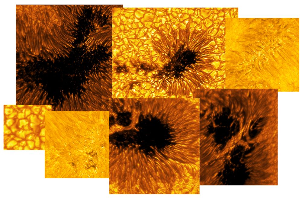 Uma colagem de novas imagens solares capturadas pelo Telescópio Solar Inouye, que é uma pequena quantidade de dados solares obtidos durante o primeiro ano de operações do Inouye durante sua fase de comissionamento. As imagens incluem manchas solares e regiões tranquilas do Sol, conhecidas como células de convecção. (NSF/AURA/NSO)