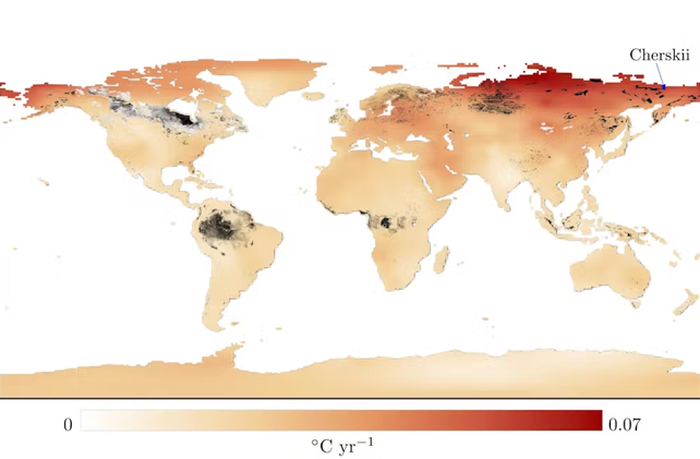 As áreas vermelhas aquecem mais rapidamente, enquanto as áreas pretas e cinzentas mostram solos turfosos ricos em carbono. Há uma sobreposição significativa entre os dois, como em Cherskii, no norte da Sibéria. O'Sullivan et al/Royal Society A (Dados: Berkeley Earth/PEATMAP)
