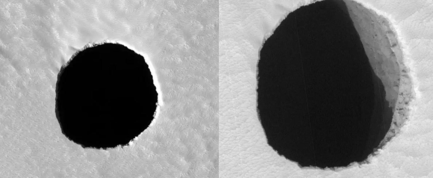 Estas imagens de um poço perto de Arsia Mons foram capturadas há vários anos. A imagem à esquerda foi capturada primeiro, e os cientistas se perguntaram se ela poderia levar a um tubo de lava ou a uma caverna. Em seguida, foi capturada a imagem da direita, mostrando uma parede lateral. A parede lateral pode indicar que não há tubo ou caverna. (NASA/JPL/Universidade do Arizona)
